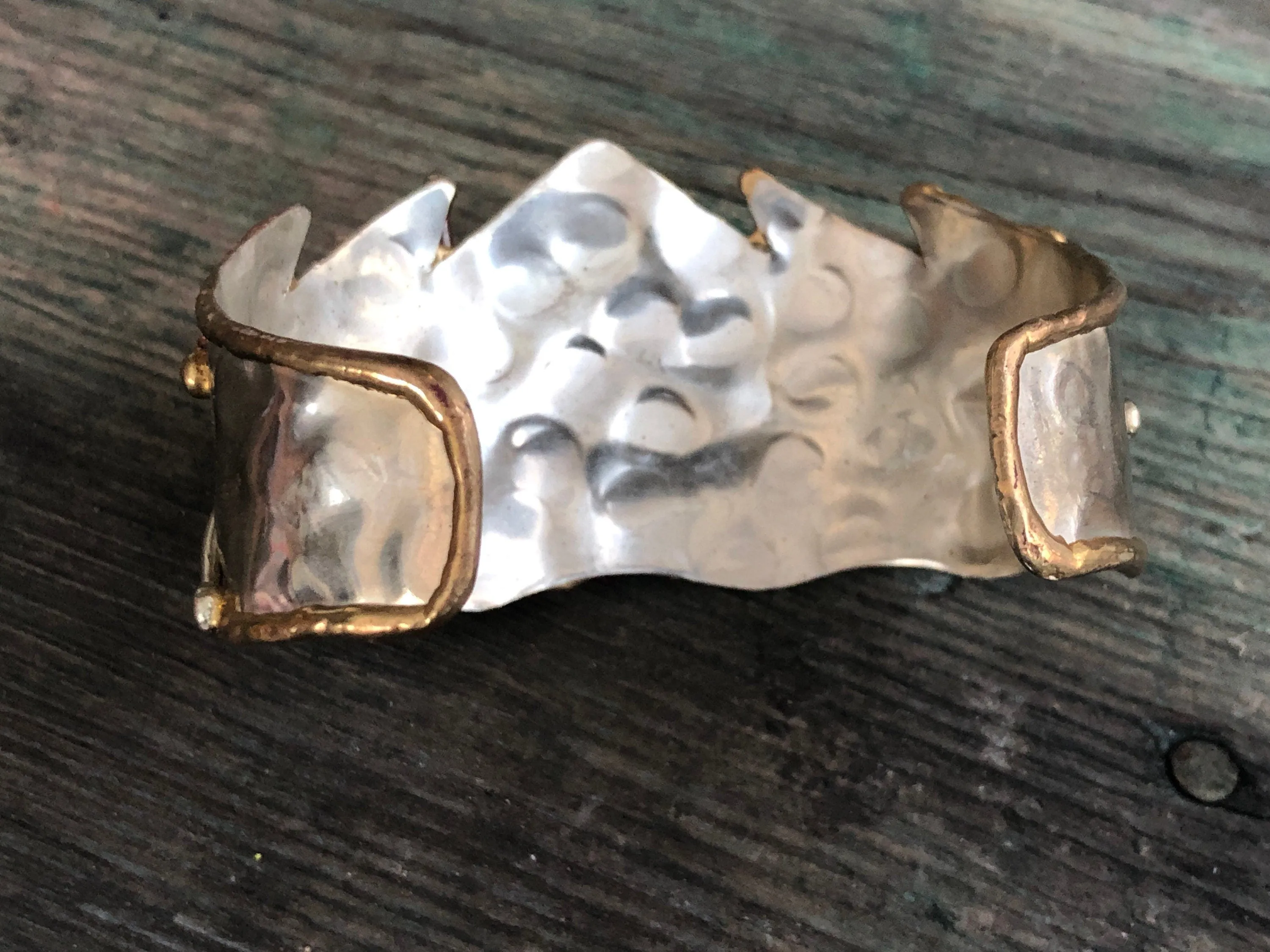 Rainbow Moonstone Cabochon Mixed Metal, Chunky, Barbaric, Arts & Crafts Silver, Copper and Brass Cuff Bracelet