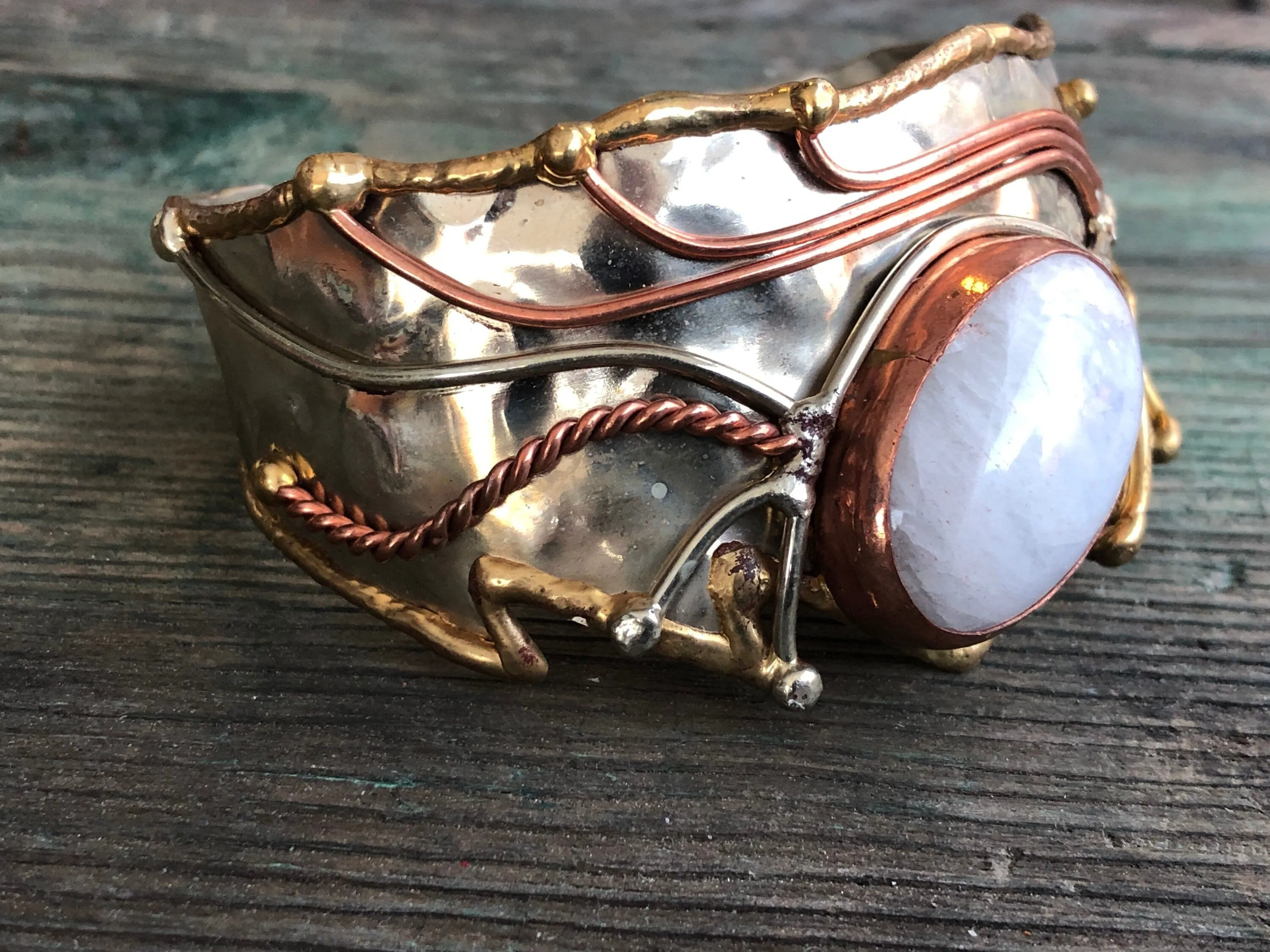 Rainbow Moonstone Cabochon Mixed Metal, Chunky, Barbaric, Arts & Crafts Silver, Copper and Brass Cuff Bracelet
