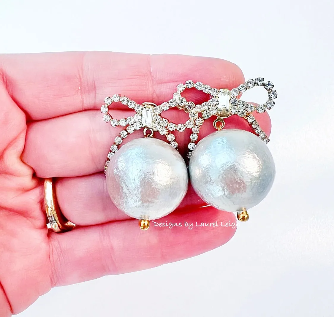 Rhinestone Bow Jumbo Pearl Drop Earrings