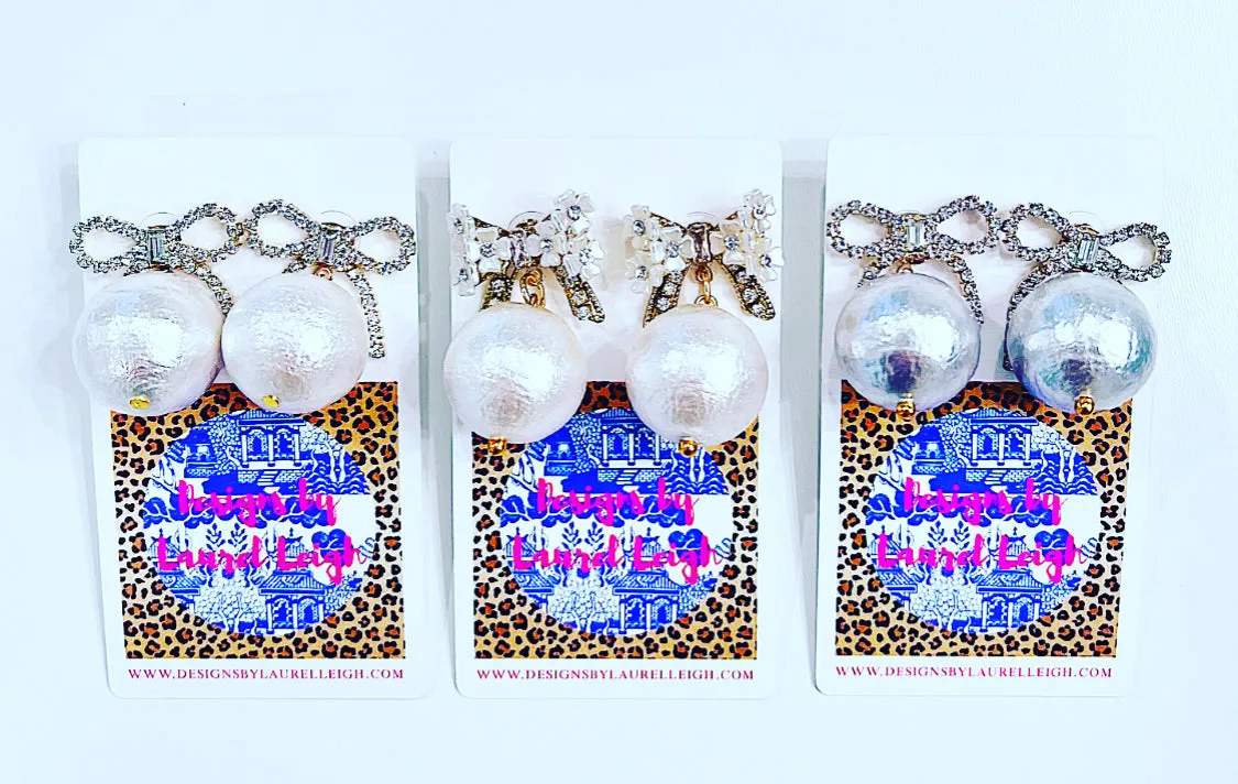 Rhinestone Bow Jumbo Pearl Drop Earrings