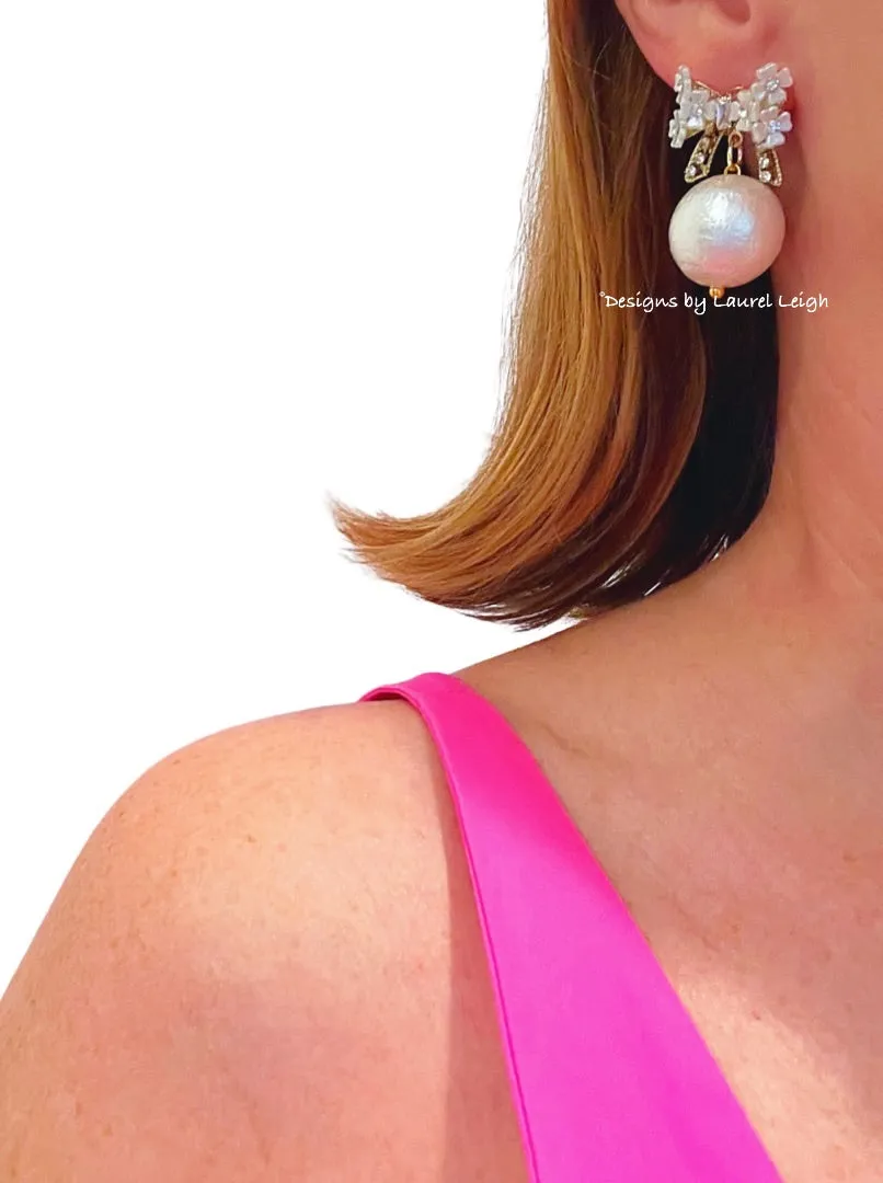 Rhinestone Bow Jumbo Pearl Drop Earrings