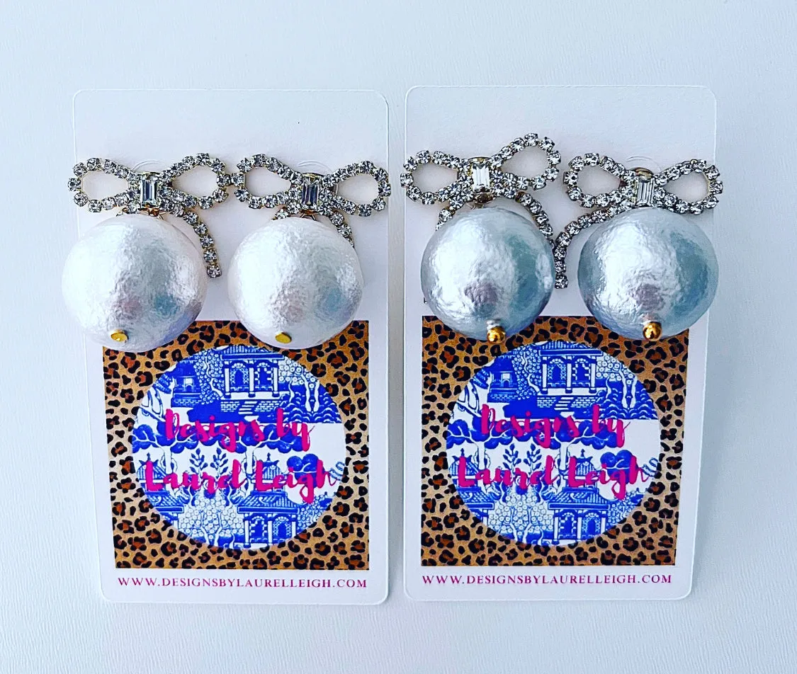 Rhinestone Bow Jumbo Pearl Drop Earrings