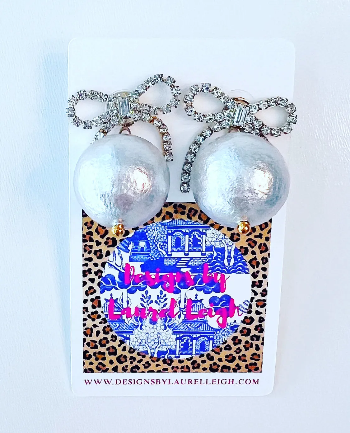 Rhinestone Bow Jumbo Pearl Drop Earrings