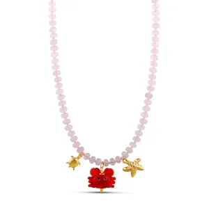 Rose Quartz Beach Charm Necklace - Sea Life Collection with Crab, Starfish, Fish 16" Waterproof