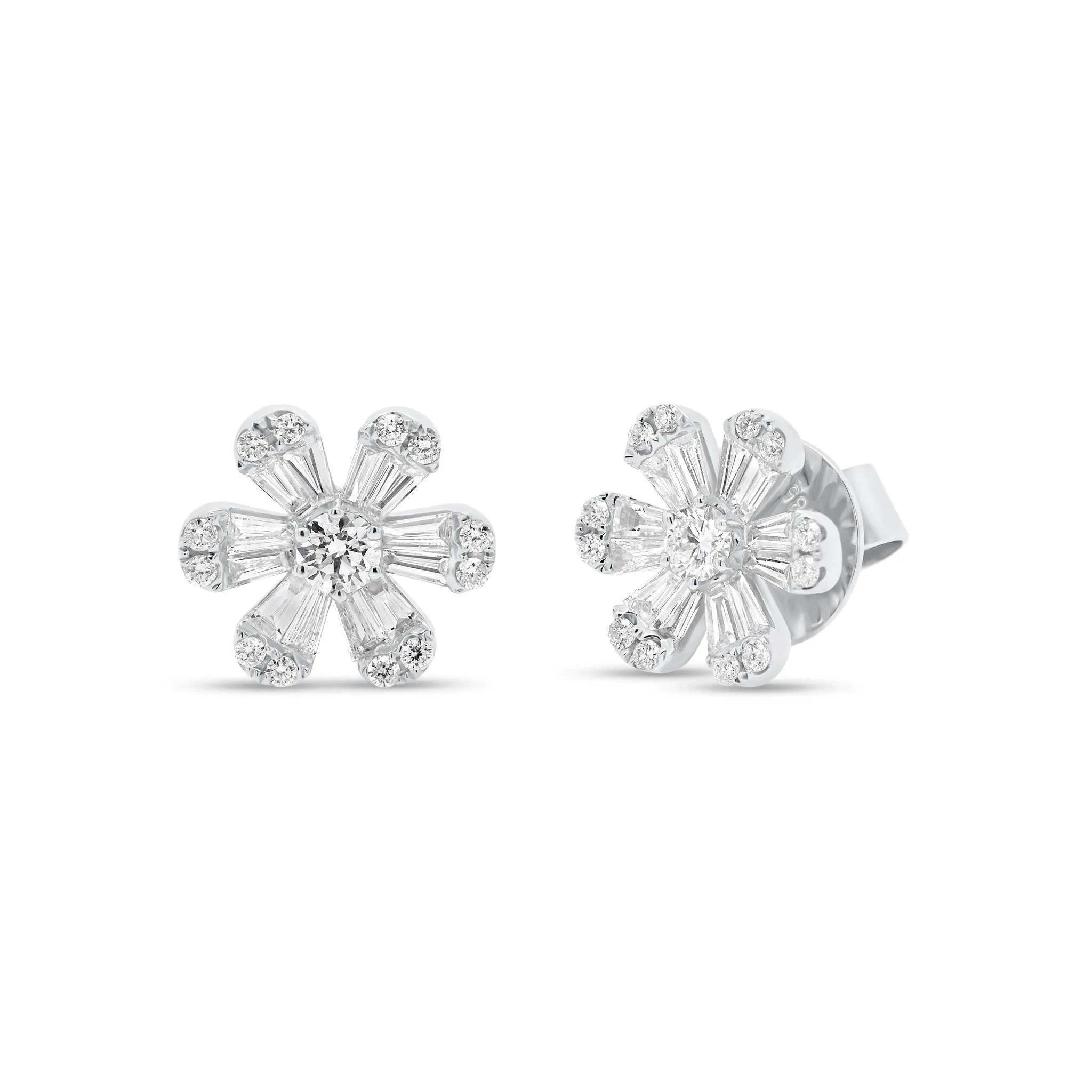 Round & Baguette Diamond Medium Flower Stud Earrings