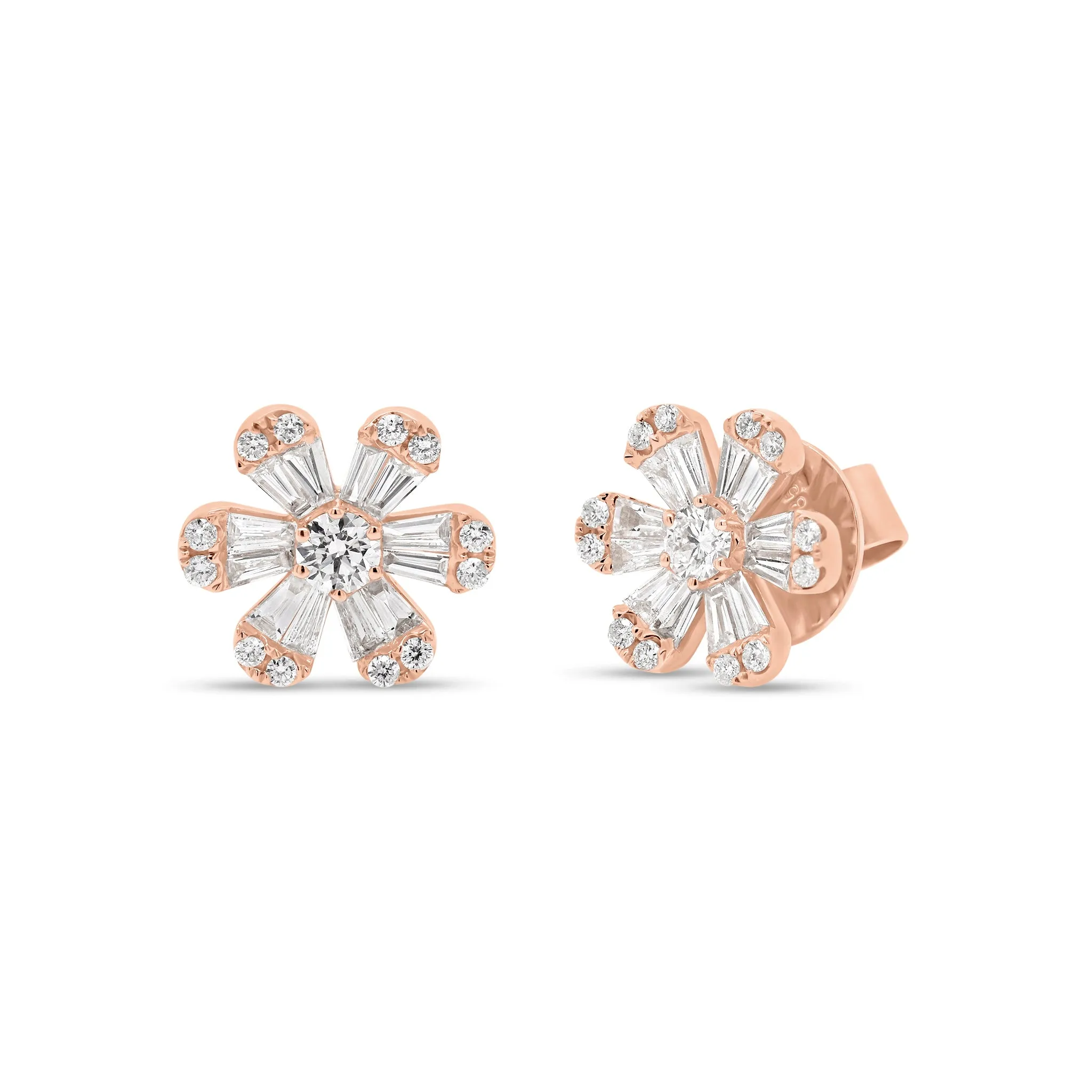 Round & Baguette Diamond Medium Flower Stud Earrings