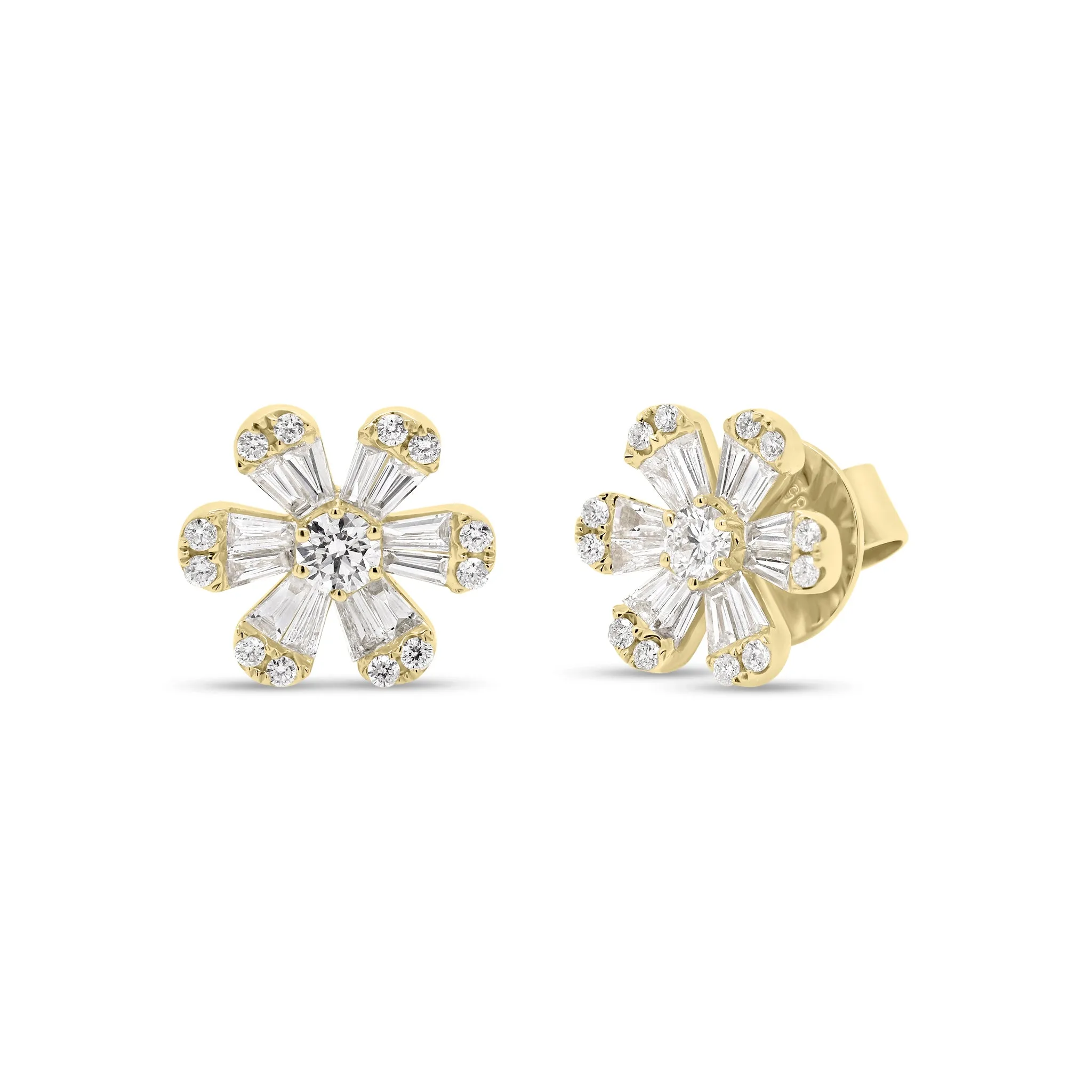 Round & Baguette Diamond Medium Flower Stud Earrings