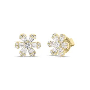 Round & Baguette Diamond Medium Flower Stud Earrings