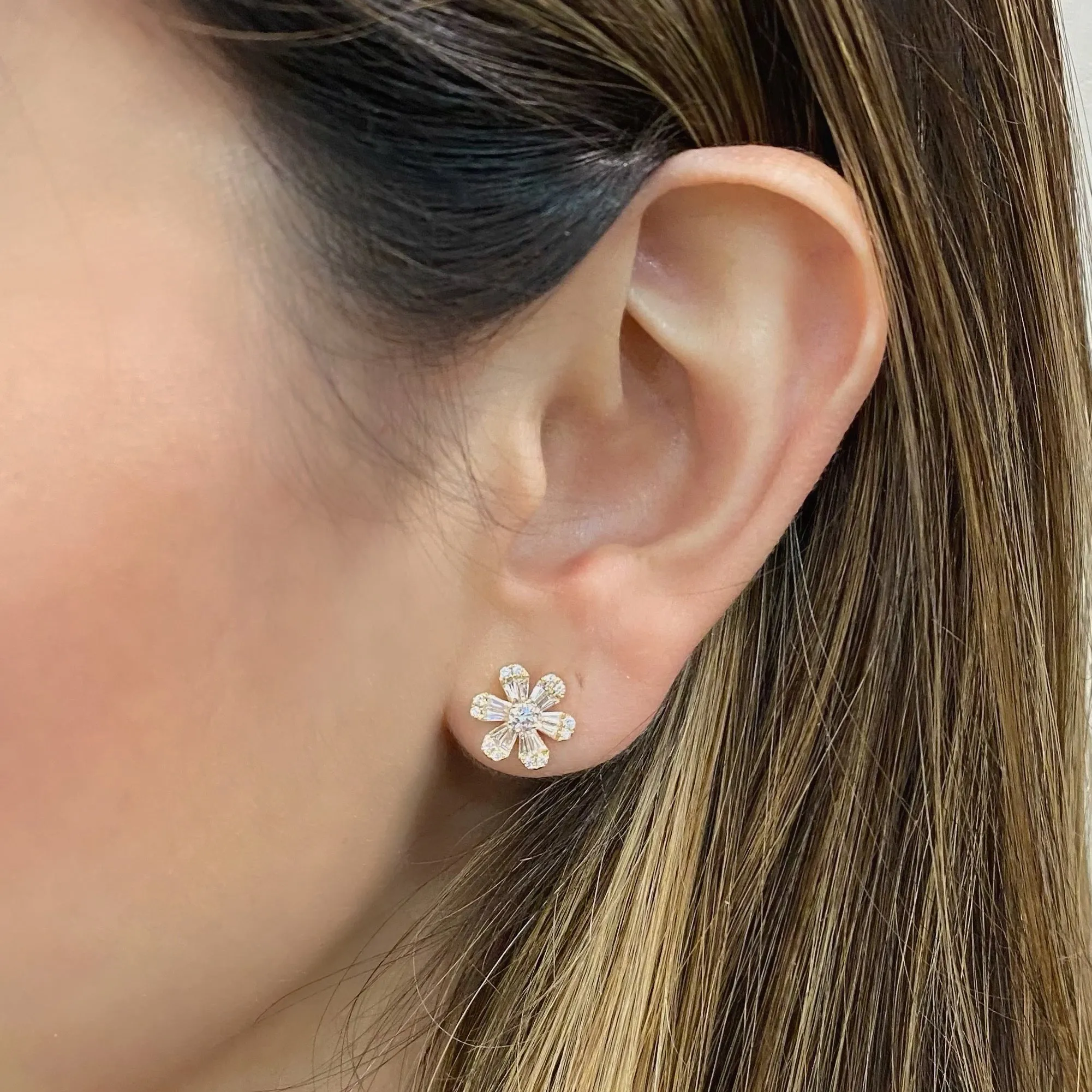 Round & Baguette Diamond Medium Flower Stud Earrings