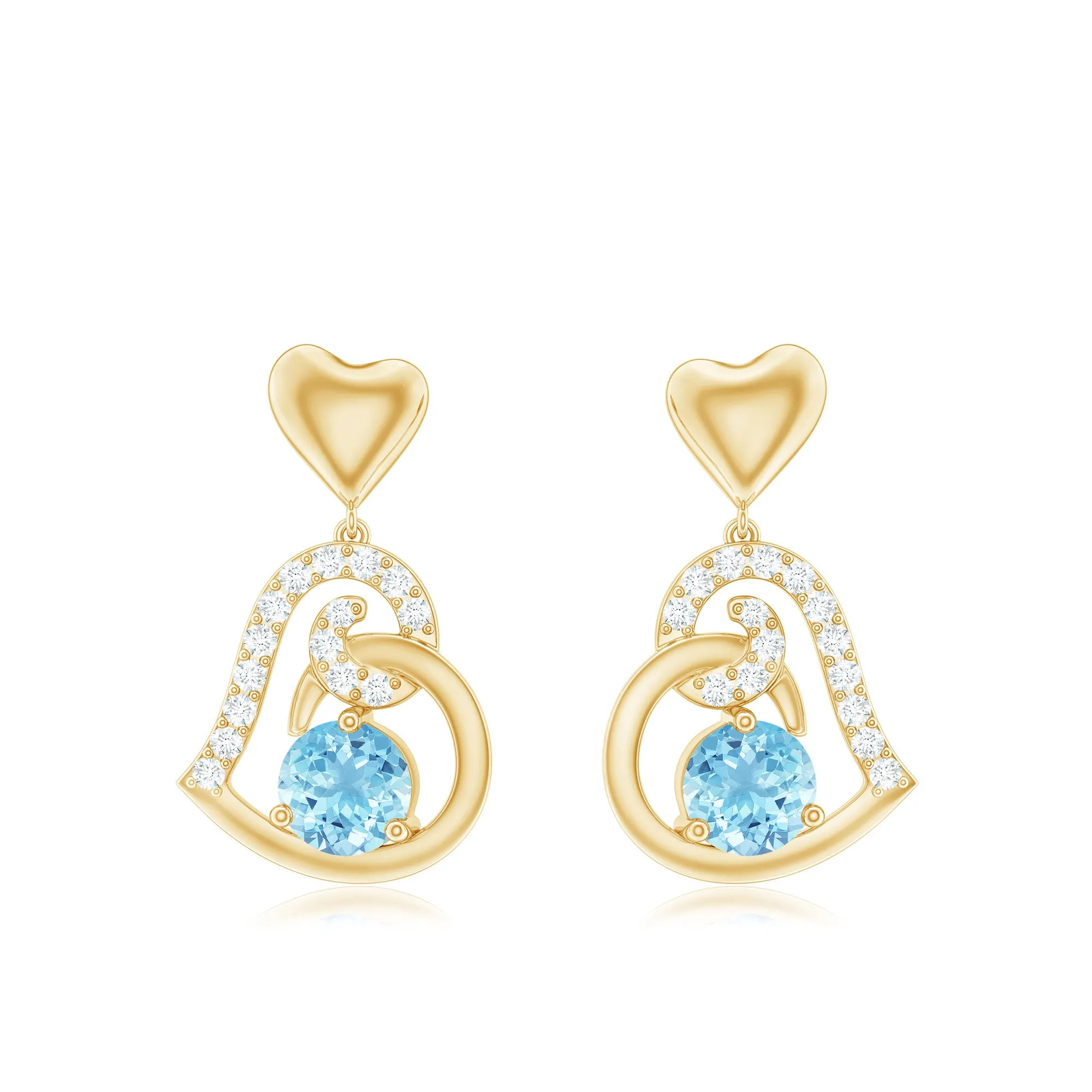 Round Aquamarine and Diamond Accent Heart Drop Earring