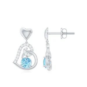 Round Aquamarine and Diamond Accent Heart Drop Earring