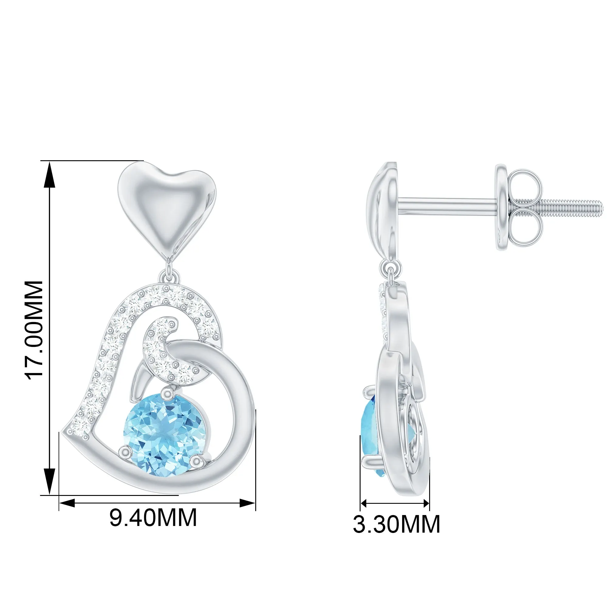 Round Aquamarine and Diamond Accent Heart Drop Earring