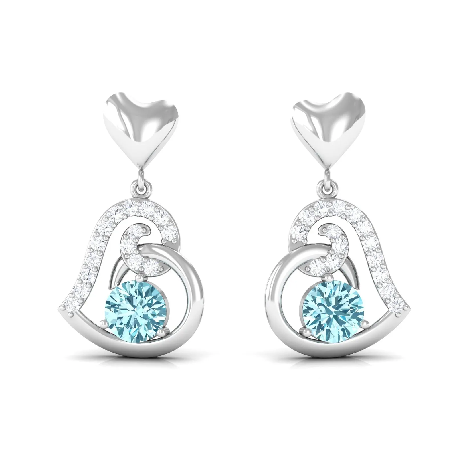 Round Aquamarine and Diamond Accent Heart Drop Earring