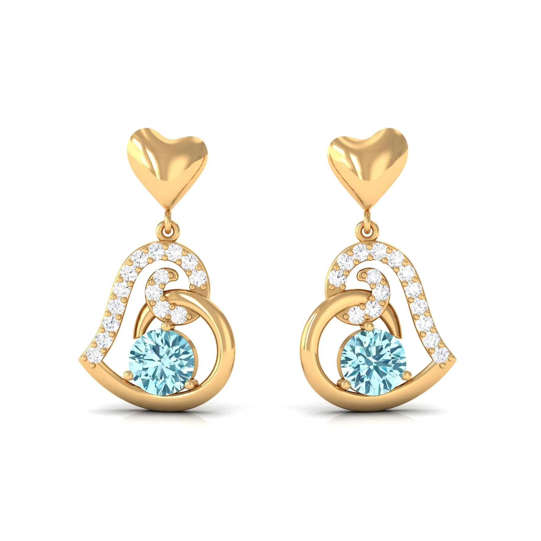 Round Aquamarine and Diamond Accent Heart Drop Earring