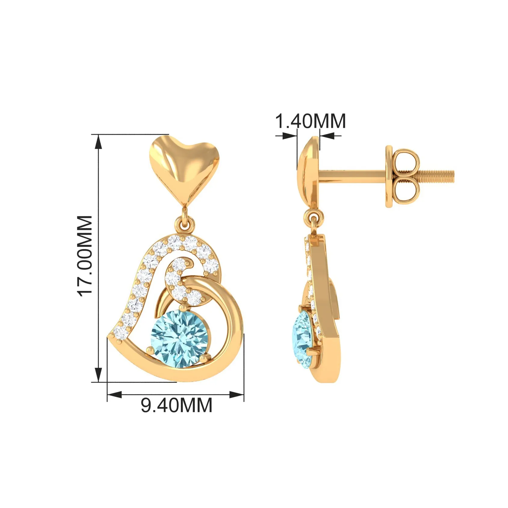 Round Aquamarine and Diamond Accent Heart Drop Earring