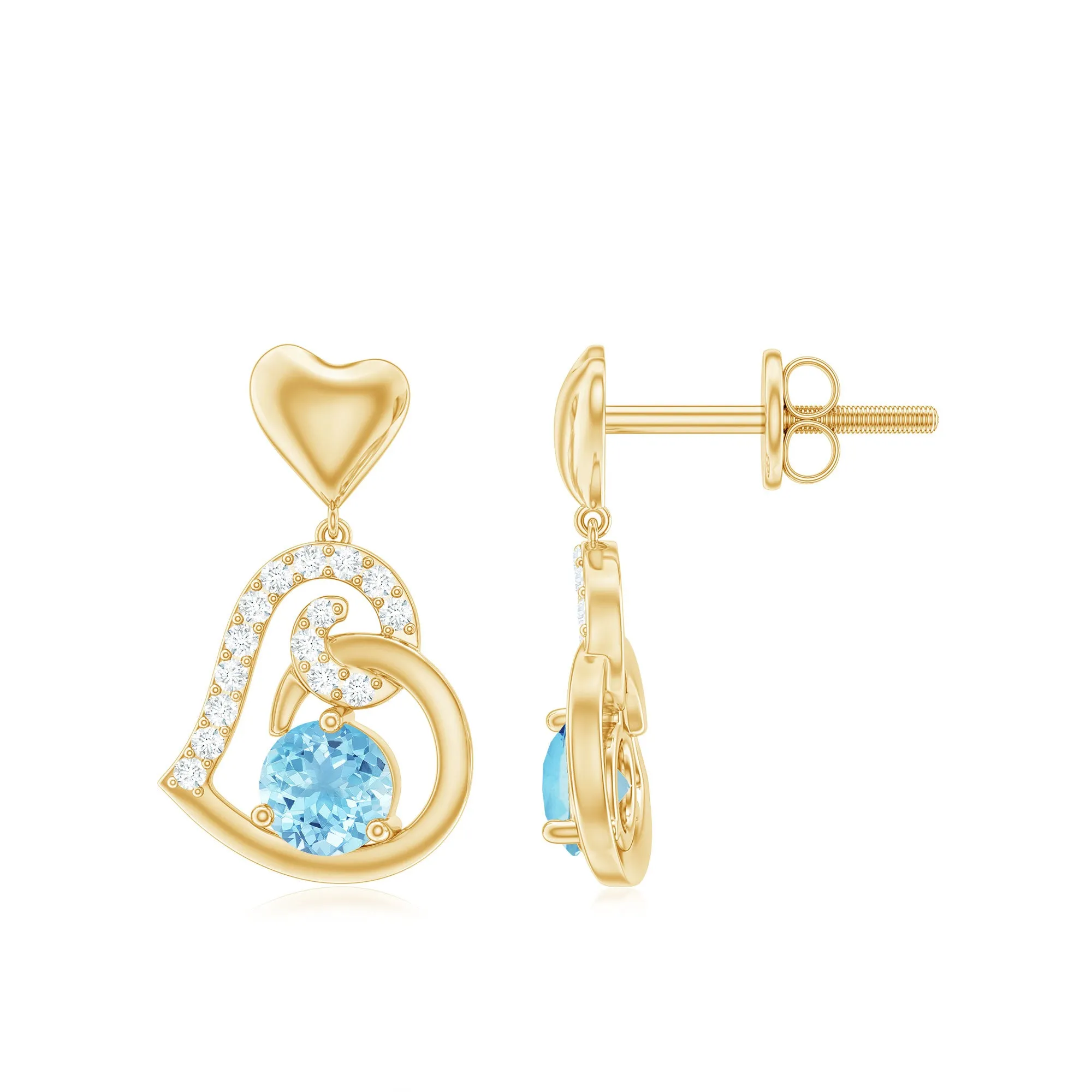 Round Aquamarine and Diamond Accent Heart Drop Earring