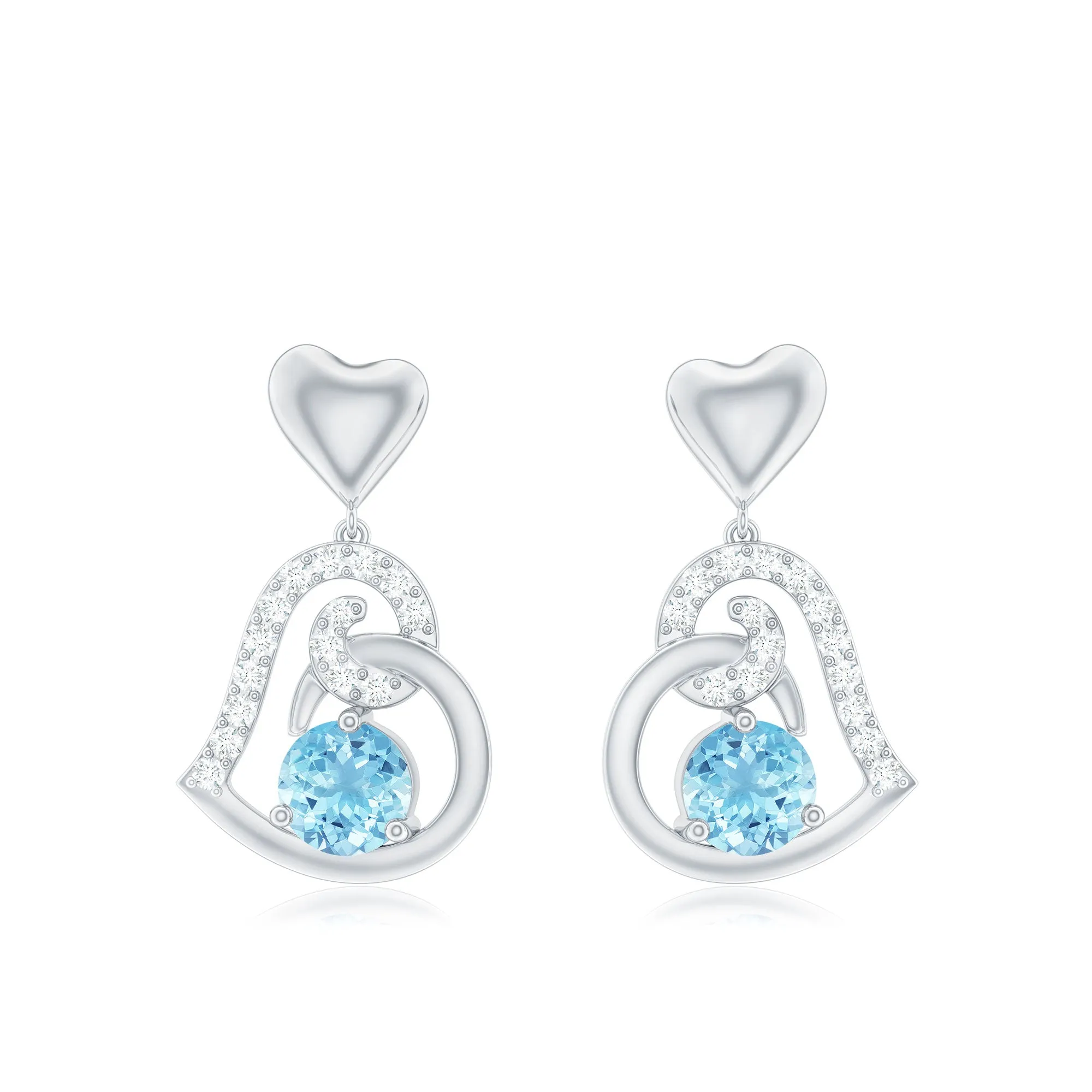 Round Aquamarine and Diamond Accent Heart Drop Earring