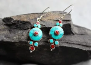 Round Turquoise Flower Drop Earrings