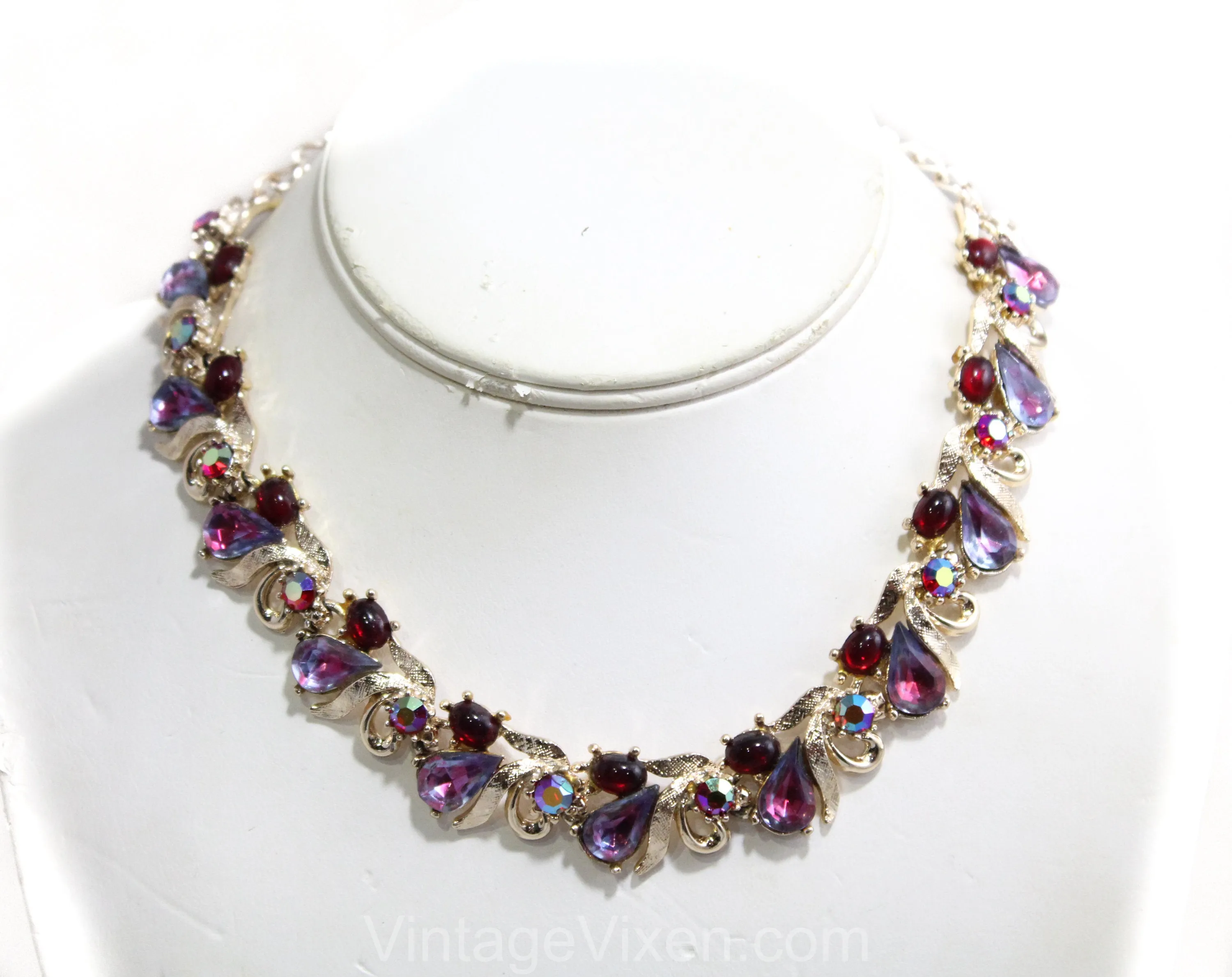 Ruby & Pink Rhinestones Necklace - 50s Glamour - Two Tone Violet - 1950s Pageant Style Formal Jewelry - Evening Necklace by Art - 50460