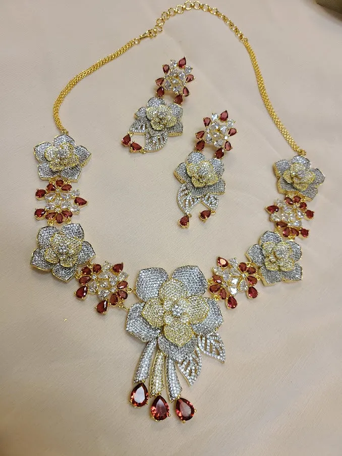 Ruby and American Diamond 3D Floral set in Gold Finish