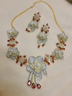 Ruby and American Diamond 3D Floral set in Gold Finish
