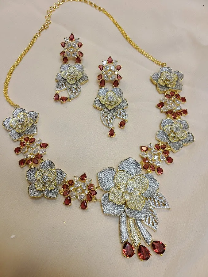 Ruby and American Diamond 3D Floral set in Gold Finish