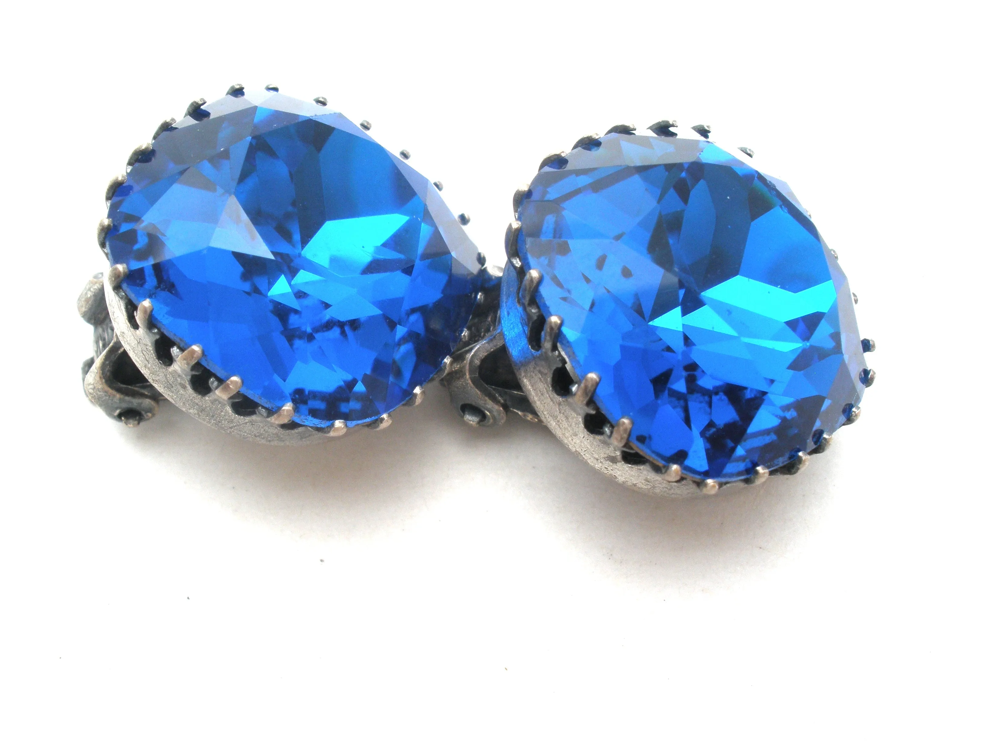 Sapphire Blue Crystal Clip Earrings Vintage