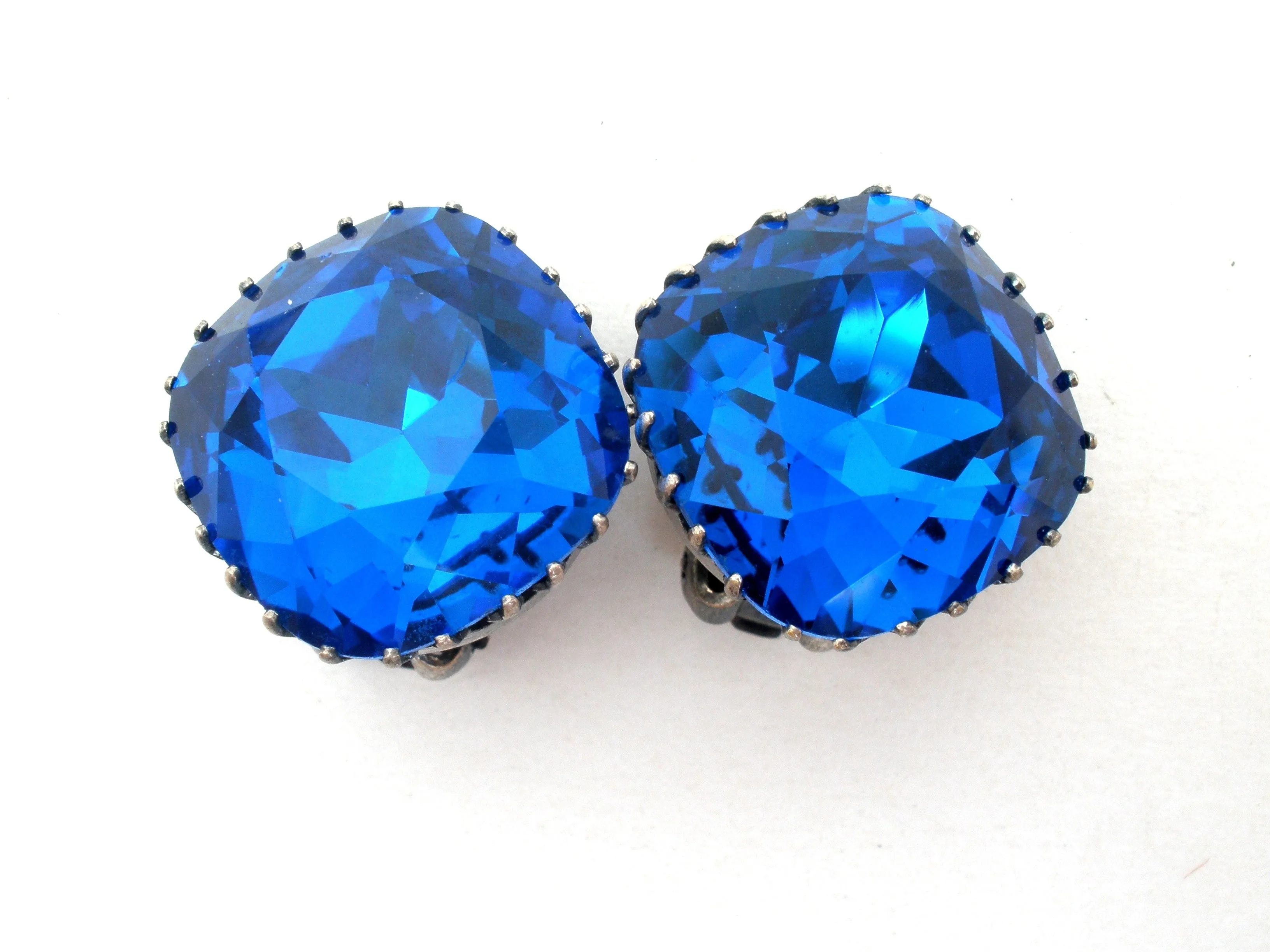 Sapphire Blue Crystal Clip Earrings Vintage