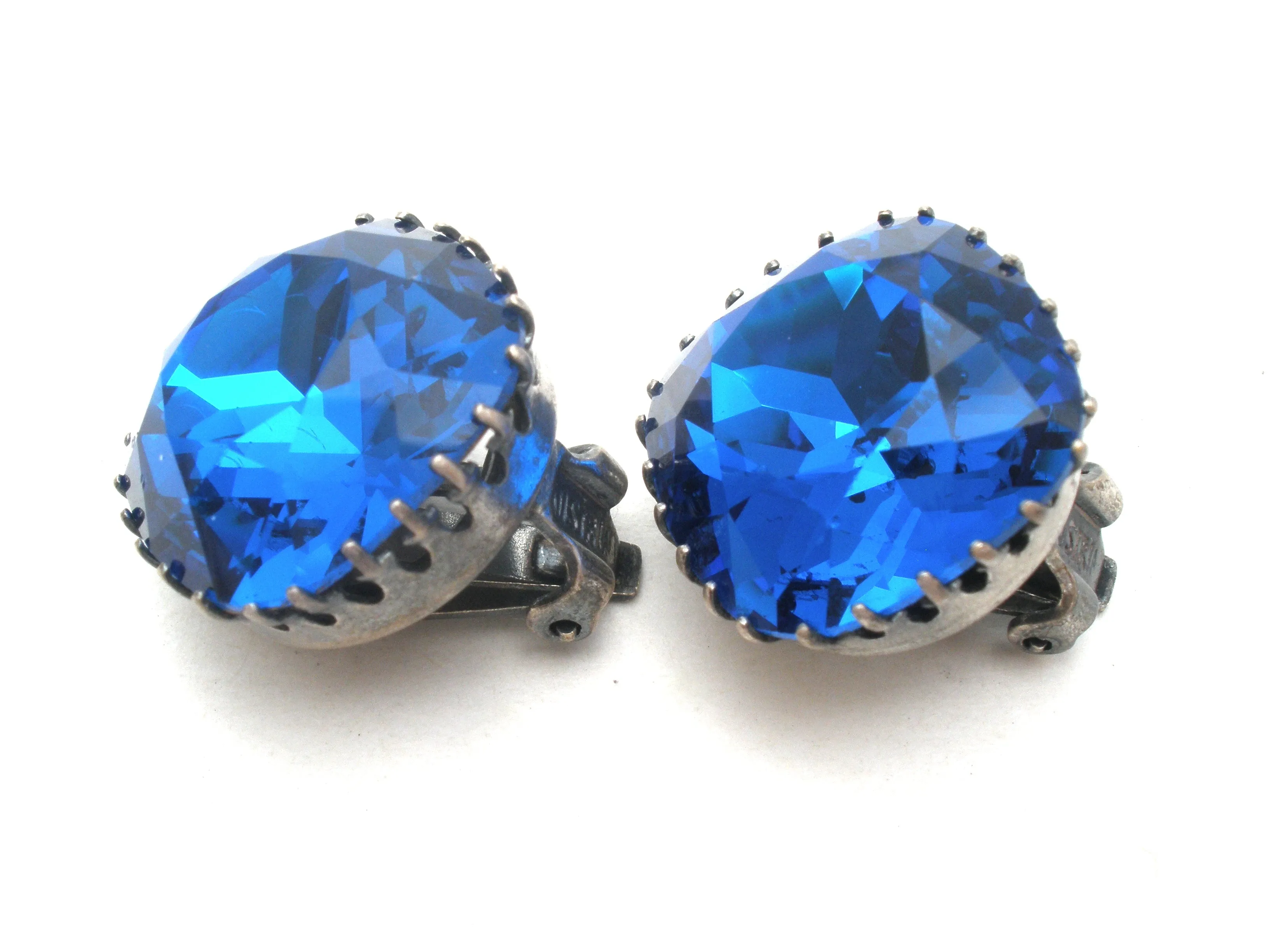 Sapphire Blue Crystal Clip Earrings Vintage