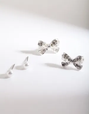 Silver Diamante Pearl Bow Earring Set