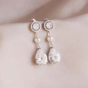 Silver Halo Crystal & Pearl Post Earrings