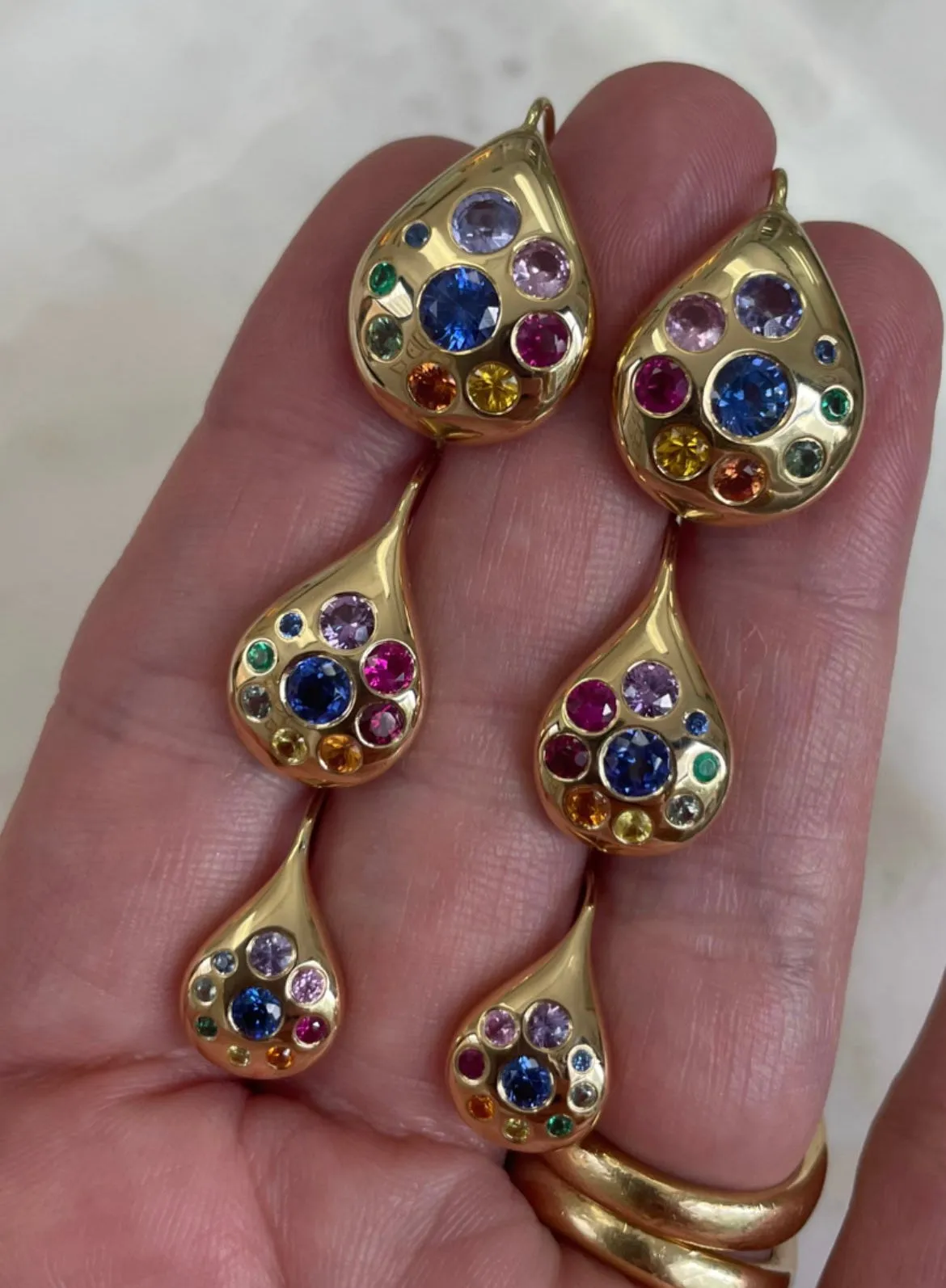 Small Petal Drop Earrings with Rainbow Sapphires & Emeralds