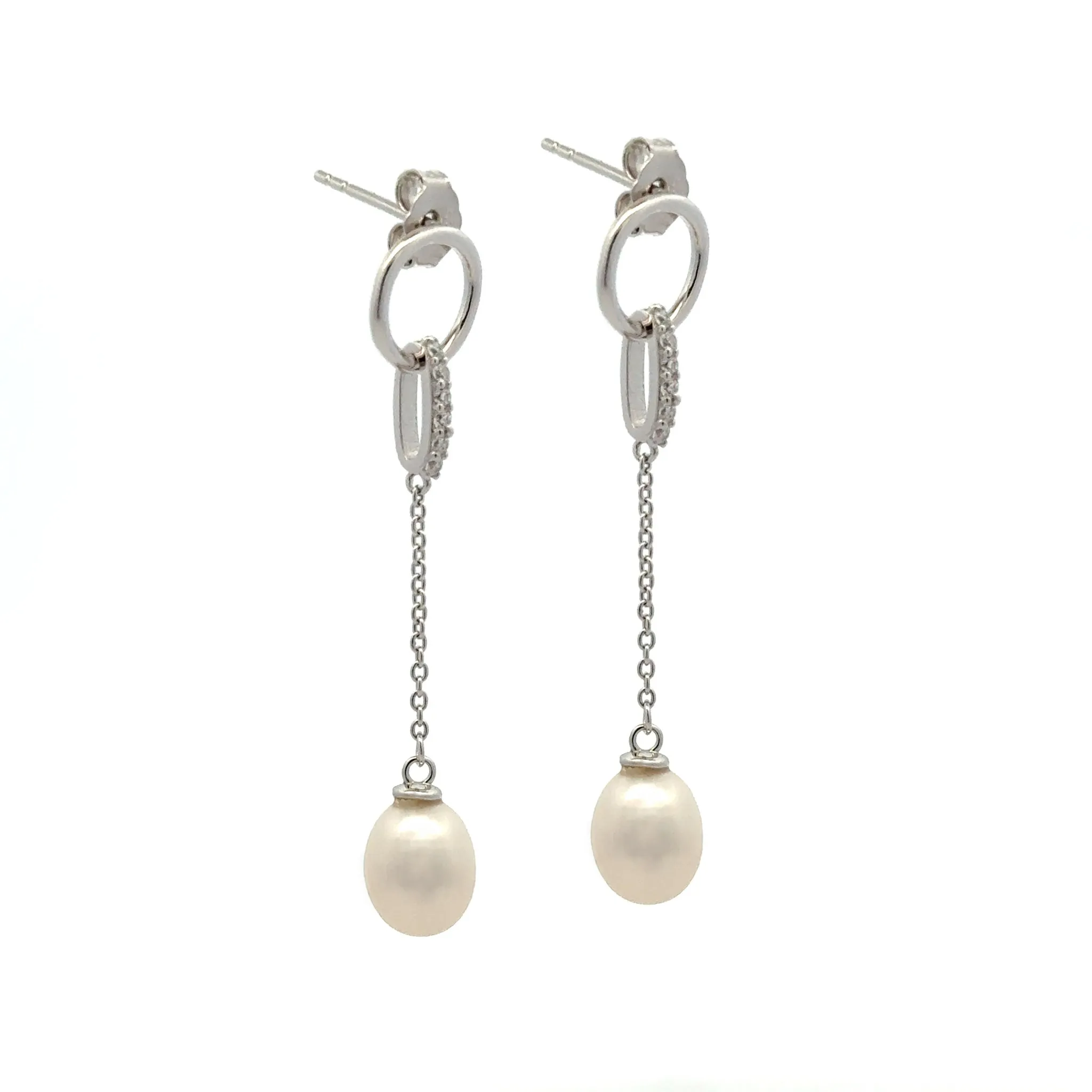 Sterling Silver Freshwater Pearl and Cubic Zirconia Drop Earrings