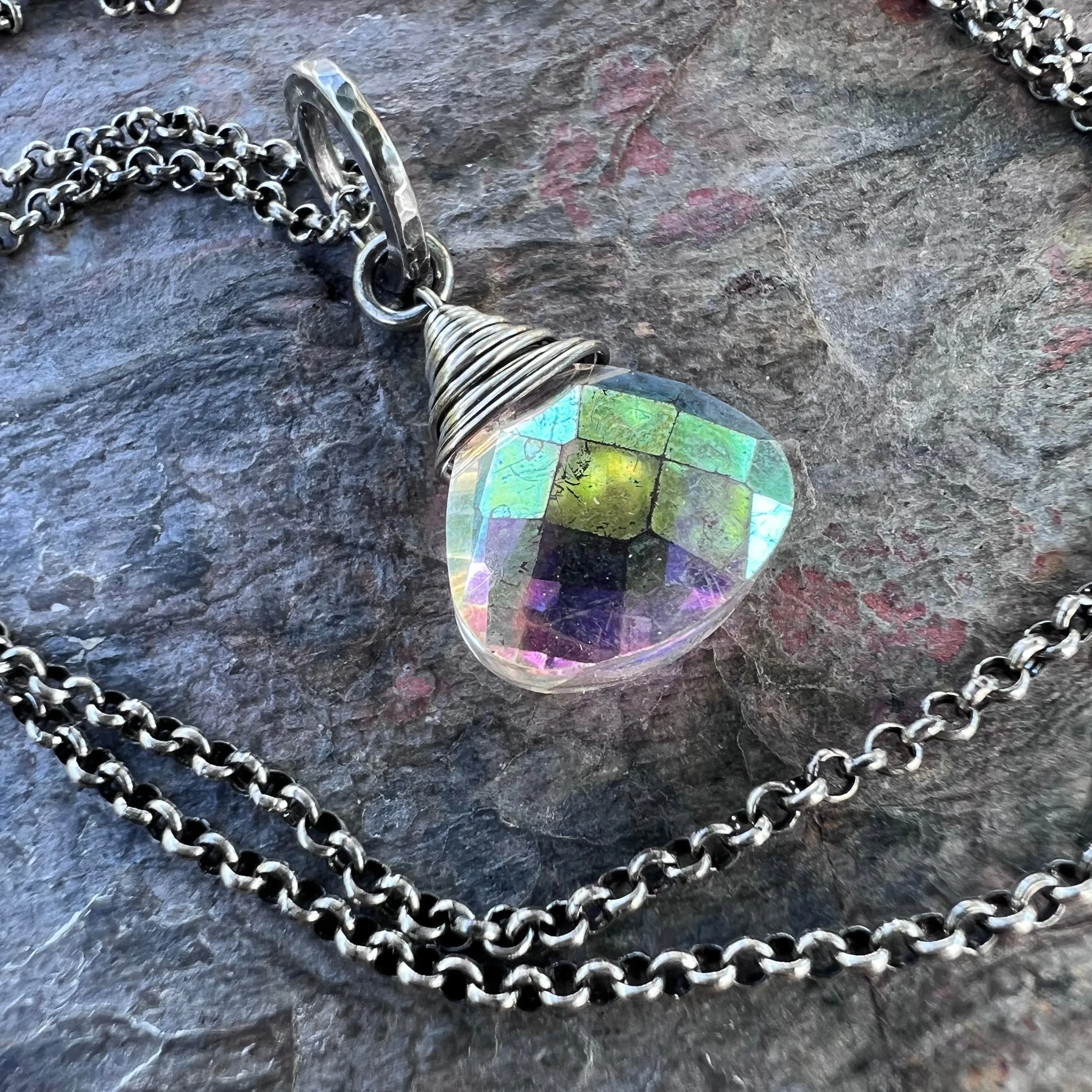 Sterling Silver Mystic Quartz Necklace - Mystic Rock Crystal Quartz Briolette Pendant on Sterling Silver Chain