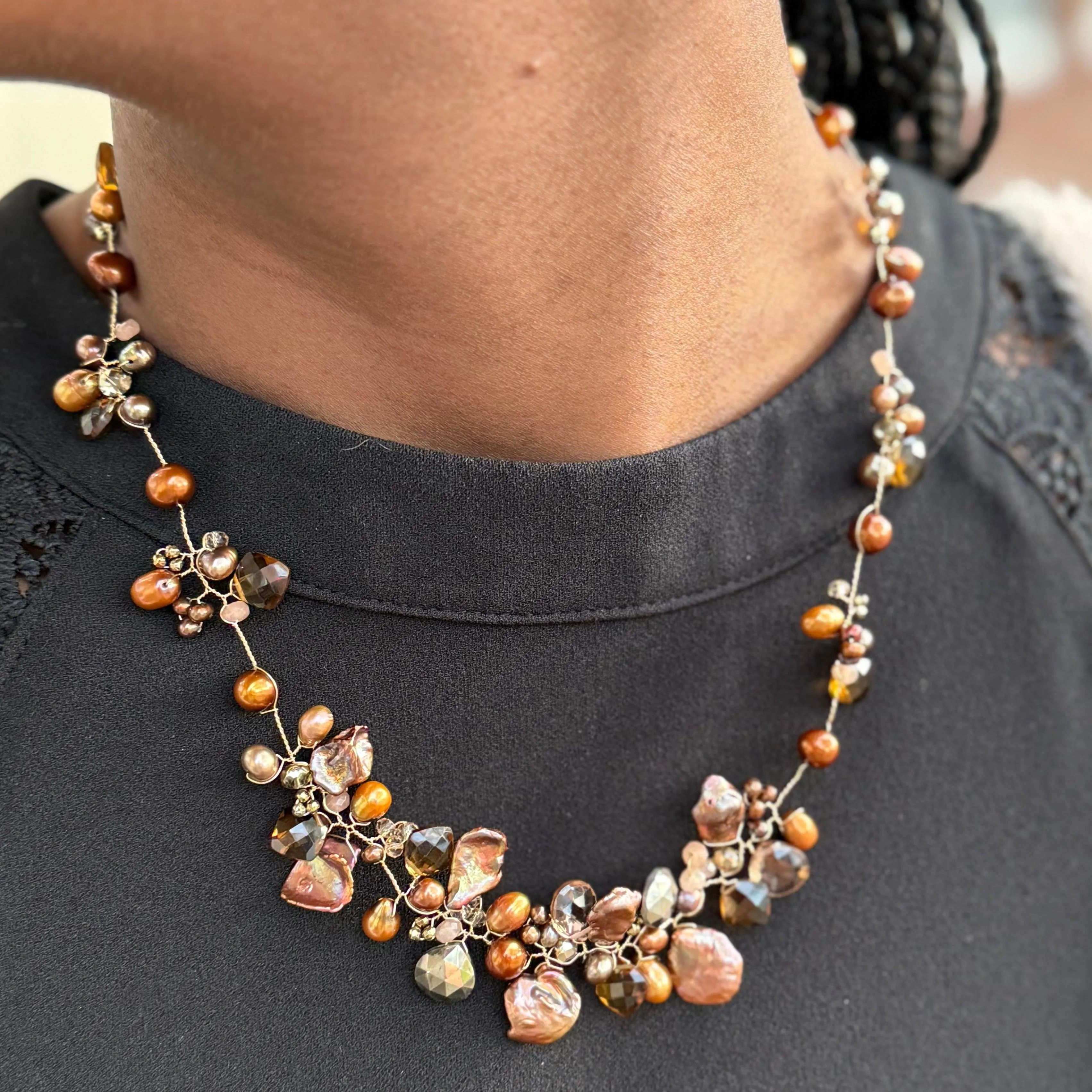 Unique Chocolate Pearl & Whiskey Topaz Signature Necklace Set